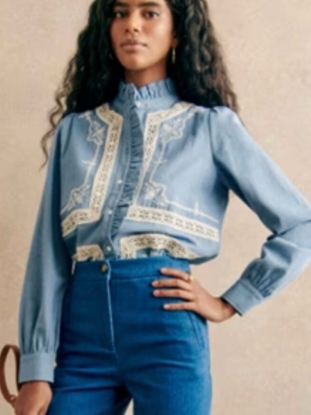 Sézane Ulysse Chambray Blouse US 14 EU 46 Blue Ruffle Lace Embroidered Top - Picture 10 of 10